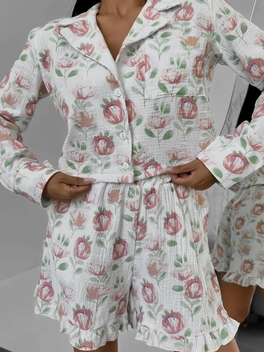 Marthaqiqi Cotton Women Pajamas Suit Long Sleeve Sleepwear Turn-Down Collar Nightie Crop Top Nightwear Shorts Ladies Pyjamas Set