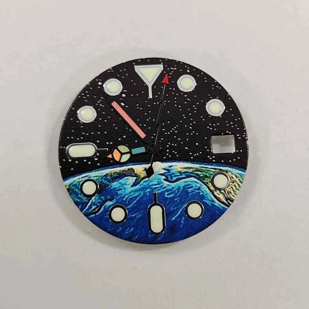 قرص NH35 28.5 ملم، وجوه ساعة بنمط السماء المرصعة بالنجوم الأرضية الخضراء المضيئة + عقارب الساعة، لساعة الحركة NH35 NH36 4R 7S