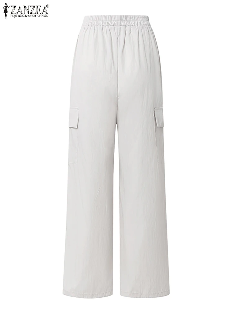 Spodnie damskie ZANZEA, modne, wakacyjne, jednolite, długie, oversize, koreańskie, z kieszeniami, letnie, proste spodnie.