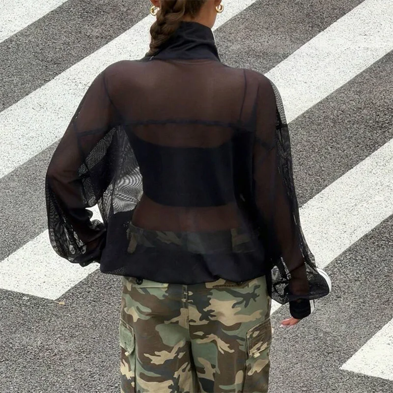 Summer Women's Y2K Streetwear Vintage Chinese Style Sheer Mesh Stand Collar Long Sleeve Loose Side Stripe Frog Button Jacket