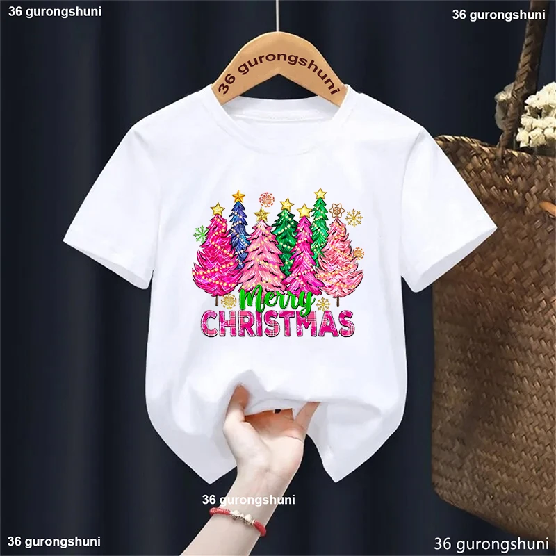 

Xmas Gift Kids Clothes Watercolor Merry Christmas Tree Graphic Printed T Shirt Girls/Boys Funny White/Blue/Yellow/Gray T-Shirt