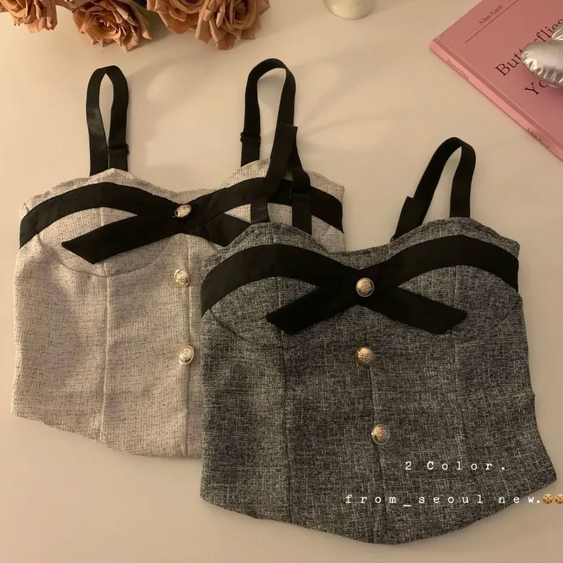 Korean Tank Temperament Crop Tops Women Clothing Single Breasted Bow Sweet Camis Tunic Backless Sexy Vest 2025 Ropa Mujer 7p509