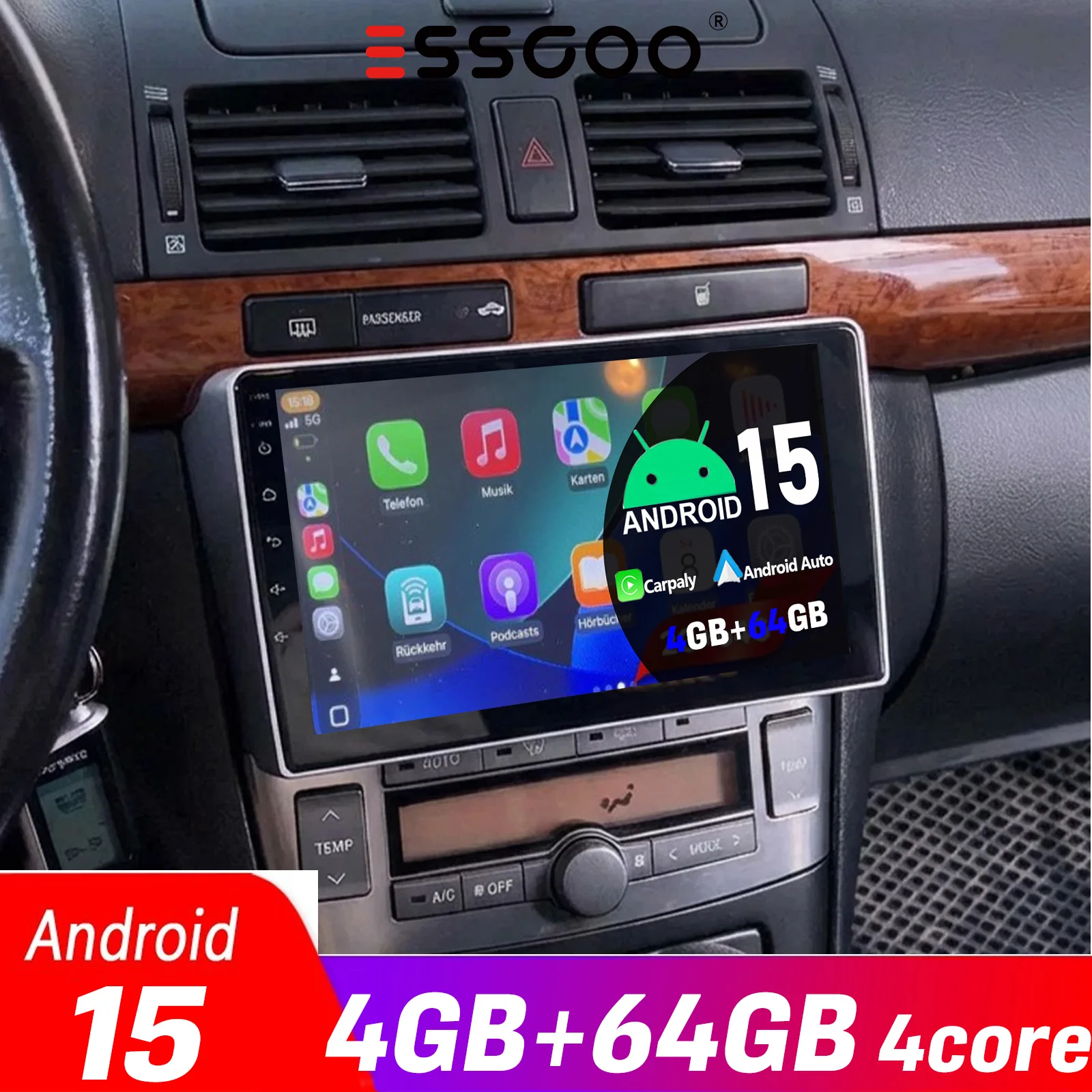 4GB+64GB Kabelloses CarPlay Apple Android Auto Radio für Toyota Avensis T25 2002-2008 WIFI Bluetooth Multimedia-Bildschirm Stereo GPS, RDS, Kamera ESSGOO