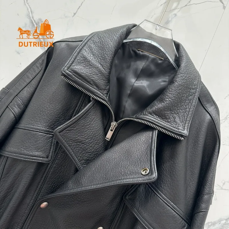 Winter Two-color Optional Double-breasted Motorcycle Jacket for Men and Women, 100% Genuine Sheepskin Versatile Temperament Coat