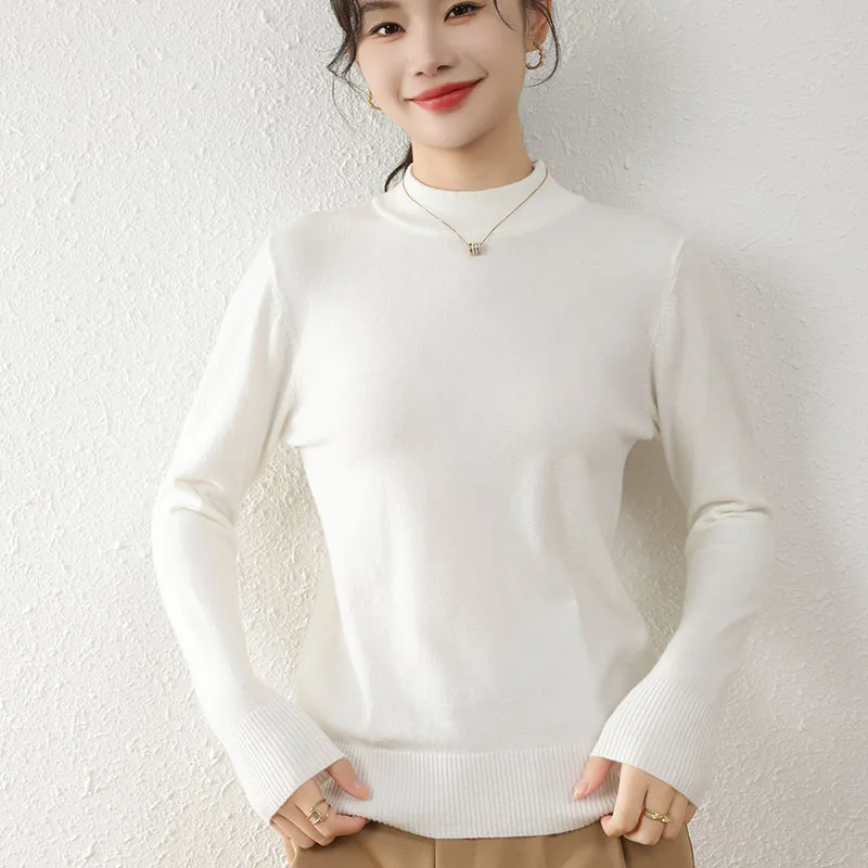 

Spring Autumn Women's Wool Blend Mock Neck Knitted Sweater, Solid Color, Long Sleeved, Close Fitting Comfortable Basic Pullover