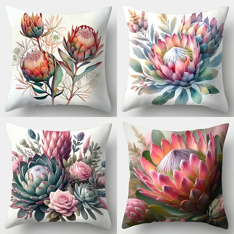 Luxury Watercolor Floral Succulent Pillowcase Cover Set 4pcs 40x40cm Artistic Botanical Print Cushion Home Decor Gift