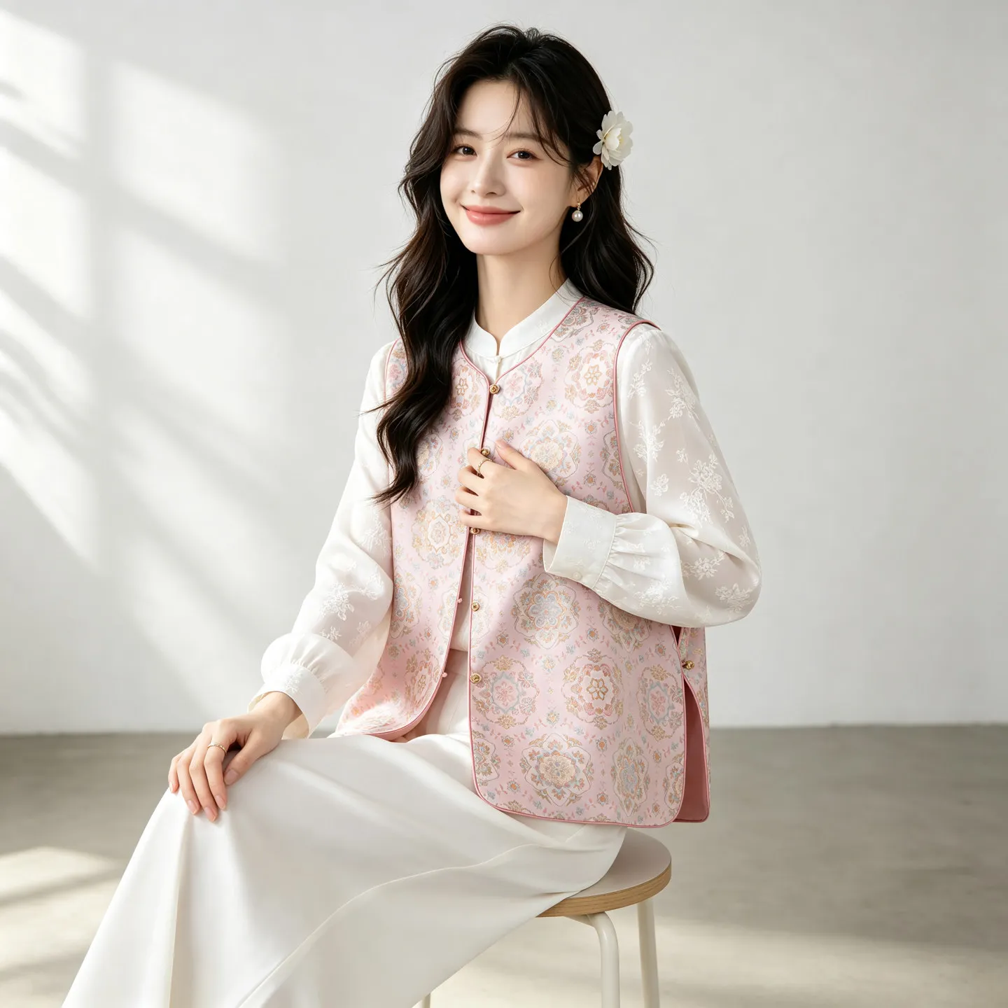 Winsleter-100%Real Silk Song Brocade Elegant Vest Coat, O Neck Floral, Women Versatile A-line Waistcoat, 2026 Autumn C68962CC