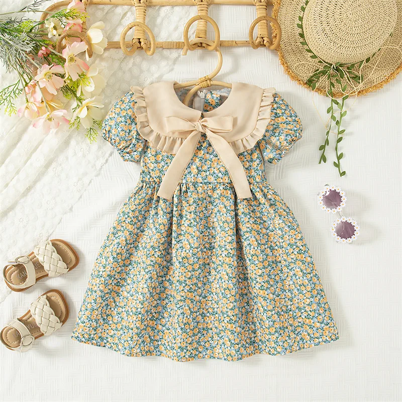 Summer New Baby Girl Green Dress With Small Floral Short Sleeved Children'S Clothing (90-140cm)