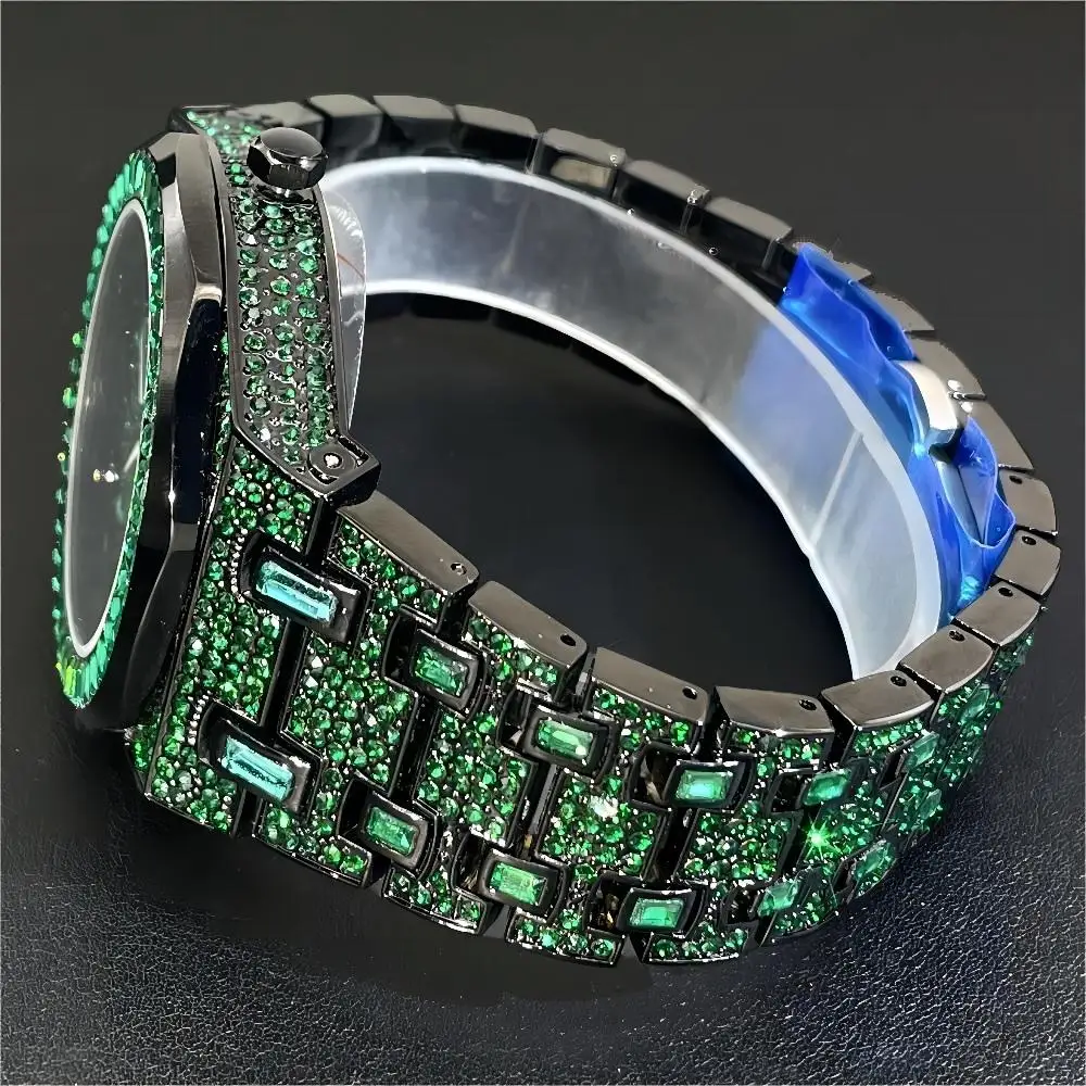 Montre-bracelet en diamant vert pour homme, horloge à quartz AAA, date automatique, bijoux glacés carrés habnommée, mode hip hop, 2024