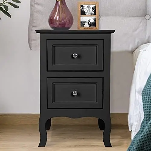 

White Finish Wood Nightstand with Drawer and , Bedside Cabinet Small Coffee Table Sofa Side End Table Dresser for bedroom Rattan