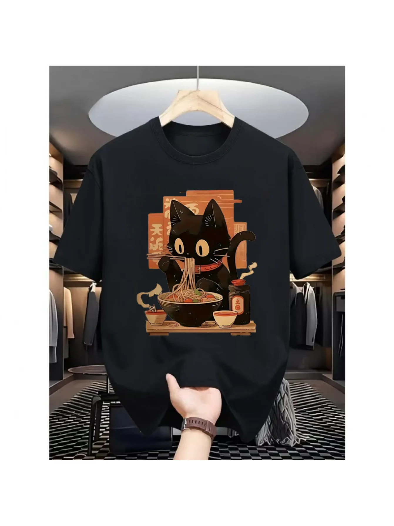 

Men's casual short-sleeved T-shirt with a navy blue round-neck regular style featuring a playful black cat eating noodlespattern