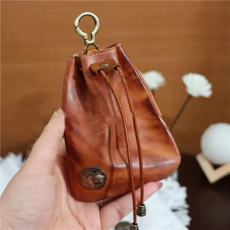 

Retro Genuine Leather Drawstring Wallet Mini Vintage Pouch Portable Coin Purse Keychain Tobacco Storage Bag