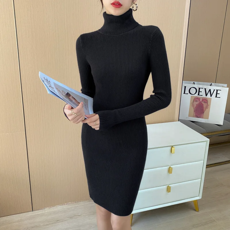 Women Sexy Knitted Dress Turtleneck knit Dresses Full Sleeve Stretch Basic Long style Bodycon Solid Sweater