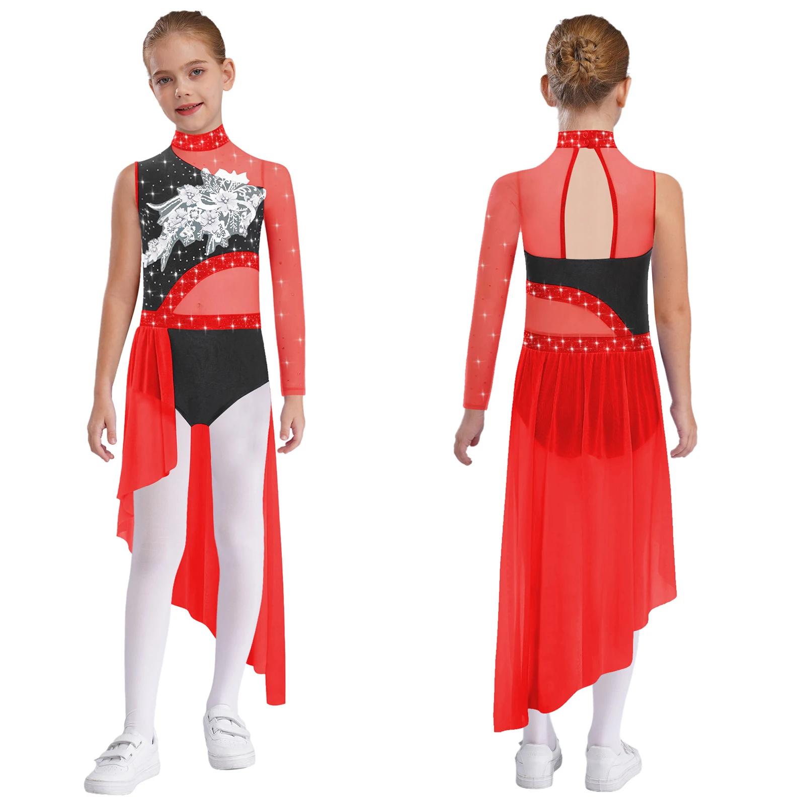 

Kids Girls Ballet Leotard Dance Dress Modern Contemporary Dancewear Mock Neck Rhinestone Flower Applique Single Sleeve Dress