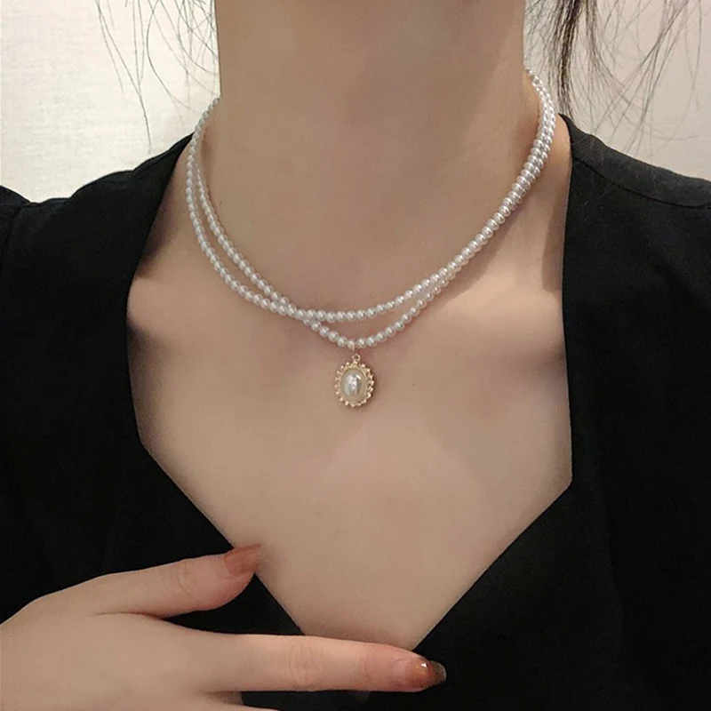 Elegant Luxury Double Layer Pearl Collar Pendant Necklace Jewelry Women Choker Clavicle Short Jewelry