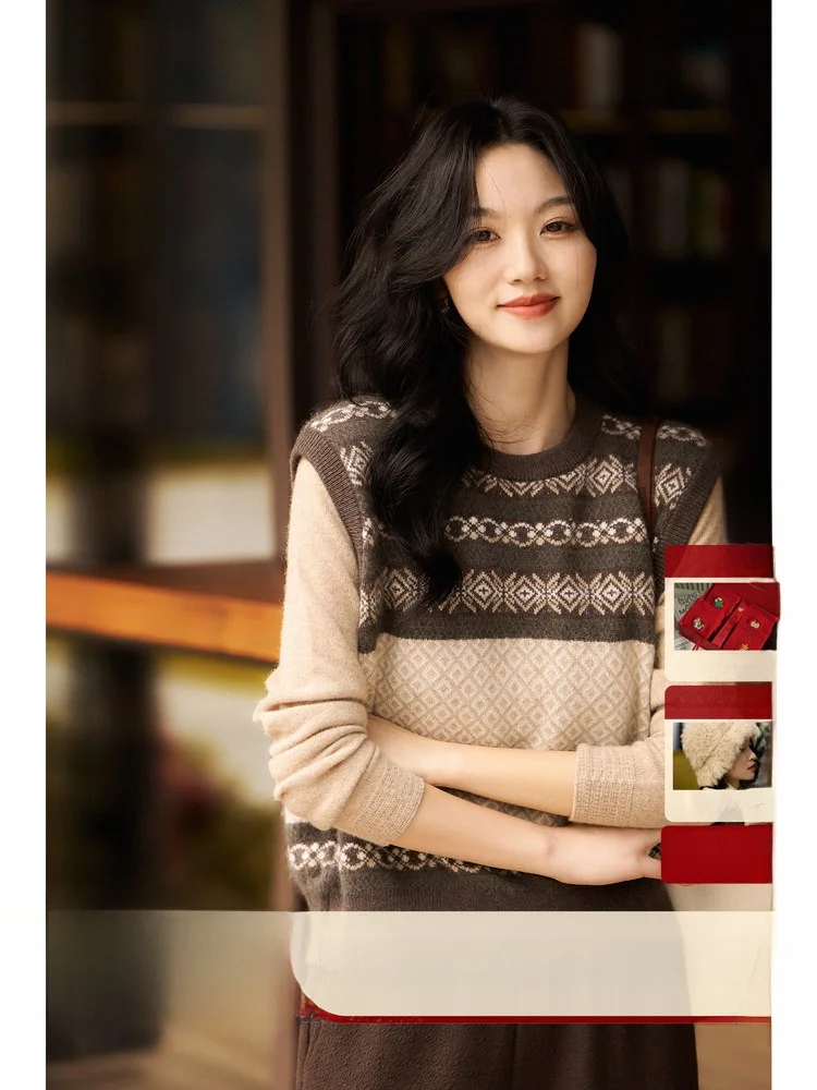 

Вязаный жилет в стиле ретро из смесовой шерсти с отделкой из кроличьего меха, мягкий, повседневный, с цветочным узором