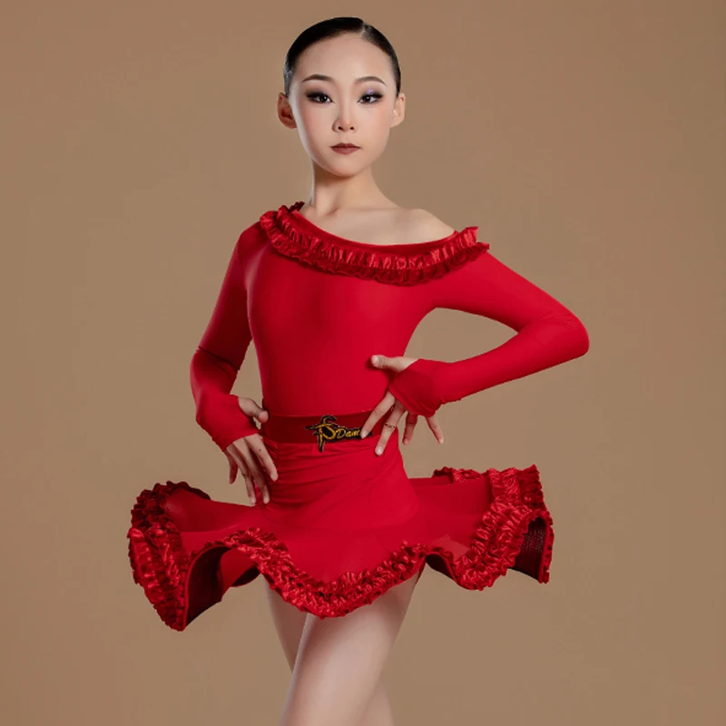 Abito da ballo latino con spalla inclinata rossa Abiti da ballo per spettacoli per bambini Ragazze Bambini Costumi da competizione Chacha SL11223