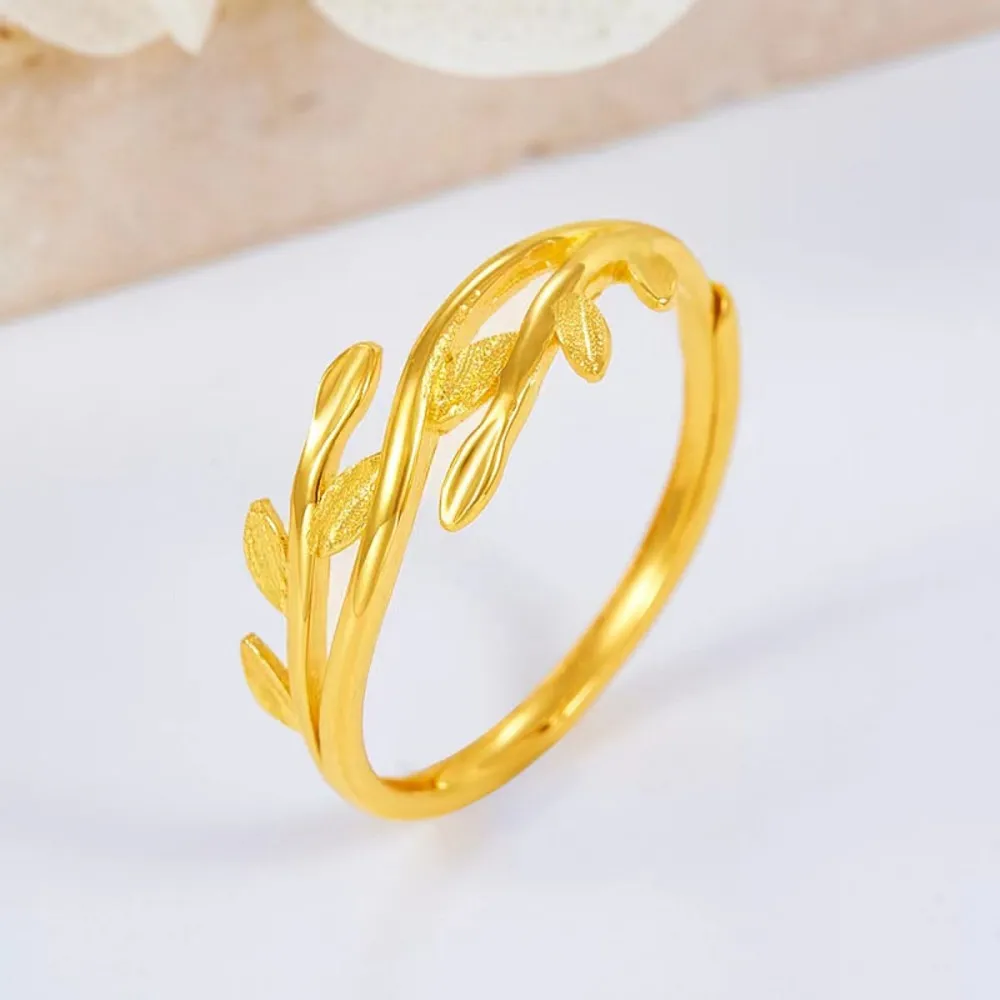 

Real Pure 999 24K Yellow Gold Band Women Gift Lucky Tree Leaf Ring 2.13-2.2g