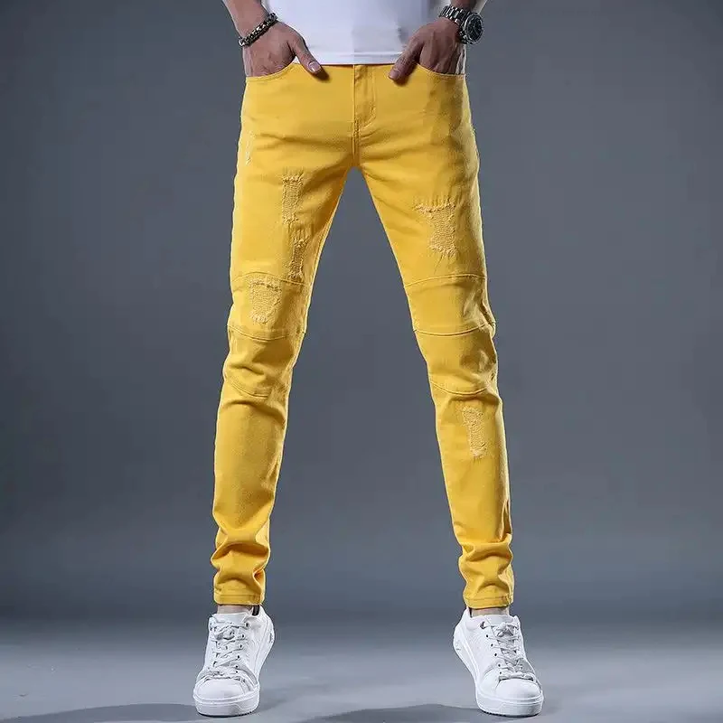 2026 Men's Summer Yellow Slim Fit Jeans European American Style Trendy Handsome Stretch Retro Denim Fabric Trousers Streetwear F