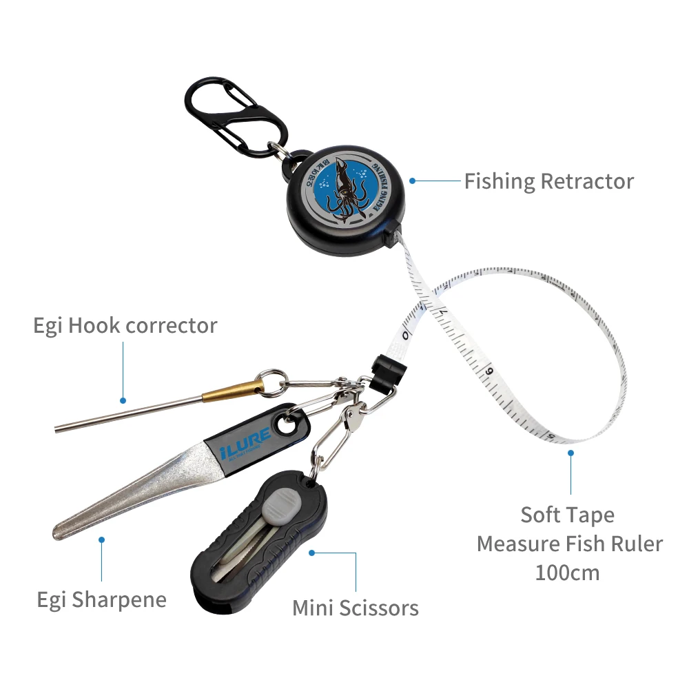 4in1 Eging Fishing Kit Retractor 100cm Tape Measure Mini Line Scissors Egi Hook Sharpener Hook Corrector Squid Fishing Accessory
