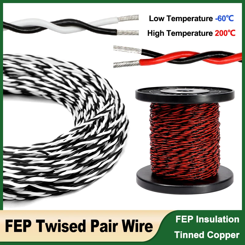 

1~20M PTFE Twisted Pair Wire 26 ~ 13AWG 2pins FEP Insulation Tinned Copper High Temperature Electric Cable Black White/Red Black