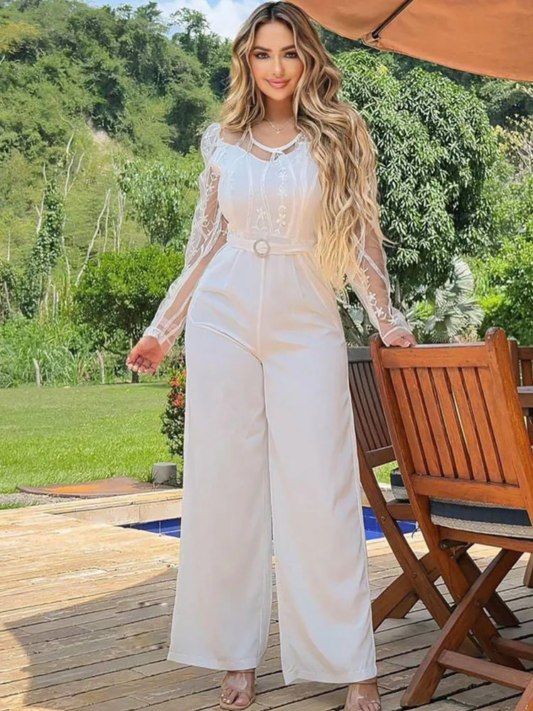 

Комбинезон с вышивкой Doyerl, женский комбинезон, элегантный клубный сетчатый прозрачный лоскутный комбинезон с длинными рукавами и высокой талией, широкие брюки с поясом