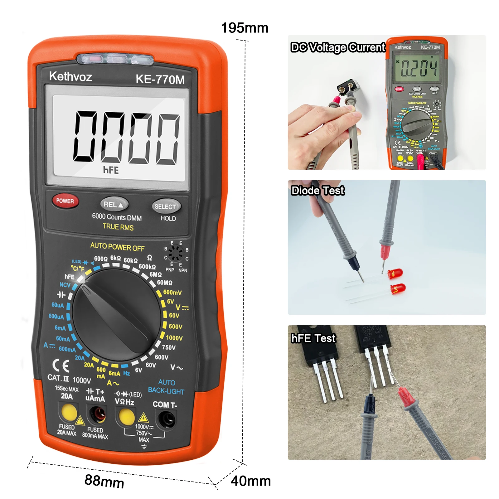 Kebovz KE-770M Multimeter Digital, pendeteksi RMS jangkauan otomatis AC/DC Ammeter Voltmeter Ohm NCV HFE penguji Transistor multimetro