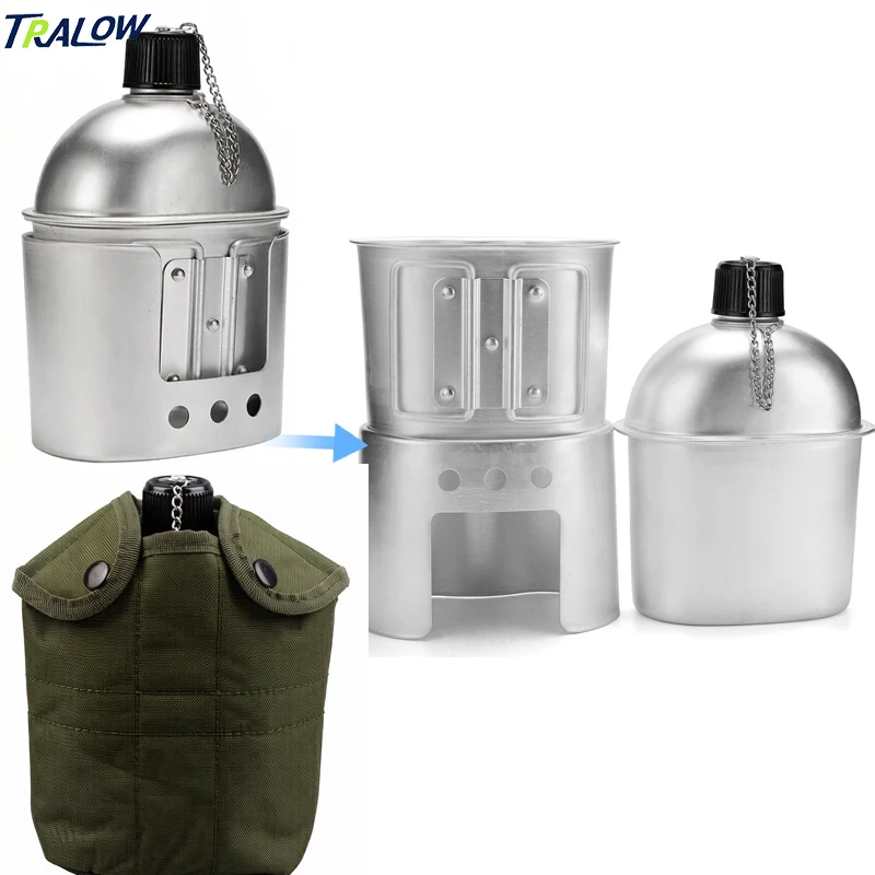 

TRALOW Aluminum Canteen Cookware Set Portable Outdoor Water Bottle with Cup Handle Pouch for Camping Hiking Survival Backpacking