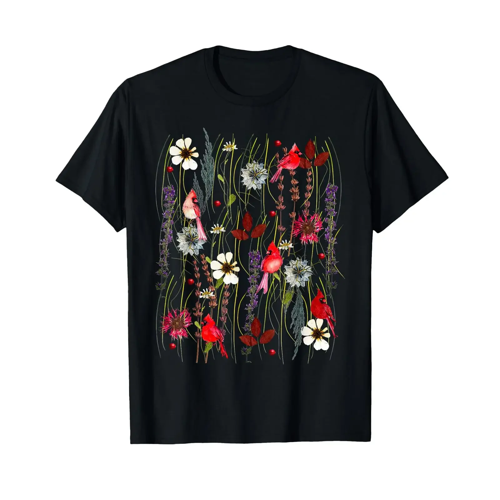 Vintage Cottagecore Wildflower Red Cardinal Bird Lover T Shirt vintage Washed Top For Everyday Wear fashion Breathable Unisex