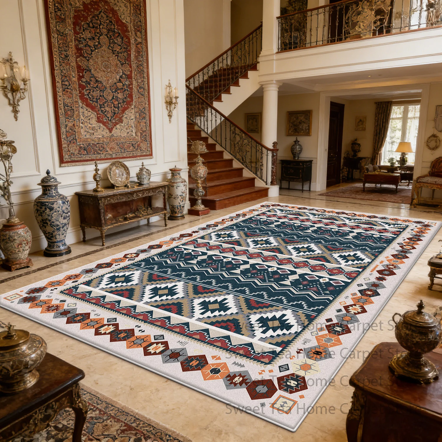 Persian Retro Geometric Large Living Room Carpet Decoration Aesthetic Washable Non-slip Bedroom Rug Soft Fluffy Parlor Floor Mat