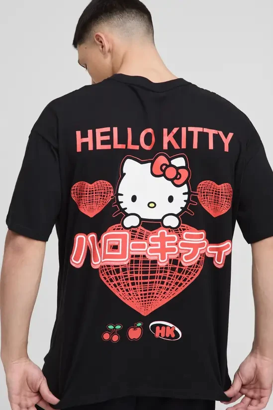 Men Loose Oversized T‑Shirt Hello Kitty Japanese Text Heart Cherry Back Graphic Print Black Short Sleeve Streetwear Tee