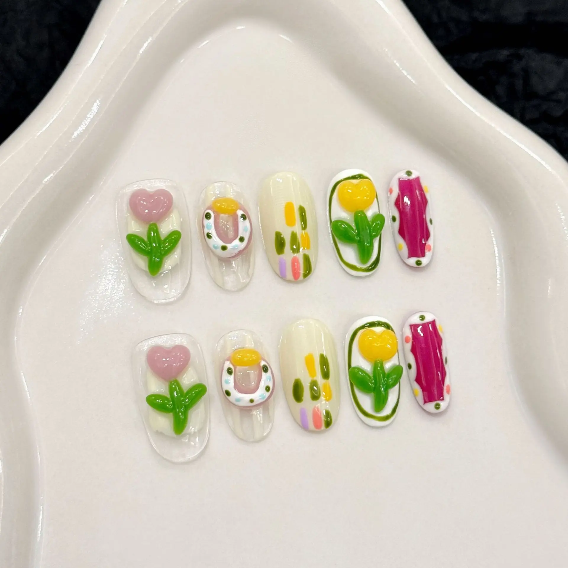 

10PCS Handmade Kawaii Fake Nails Colours 3D Flower Designs for Women&Girl Spring and Summer Detachable Wearable Nail