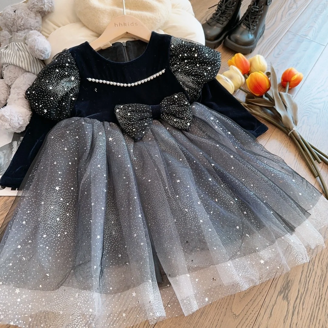 Girl Bow Dress Women Treasure Thickened and Velvet Warm Mesh Spliced Princess Dress 2023 Winter Birthday Dress