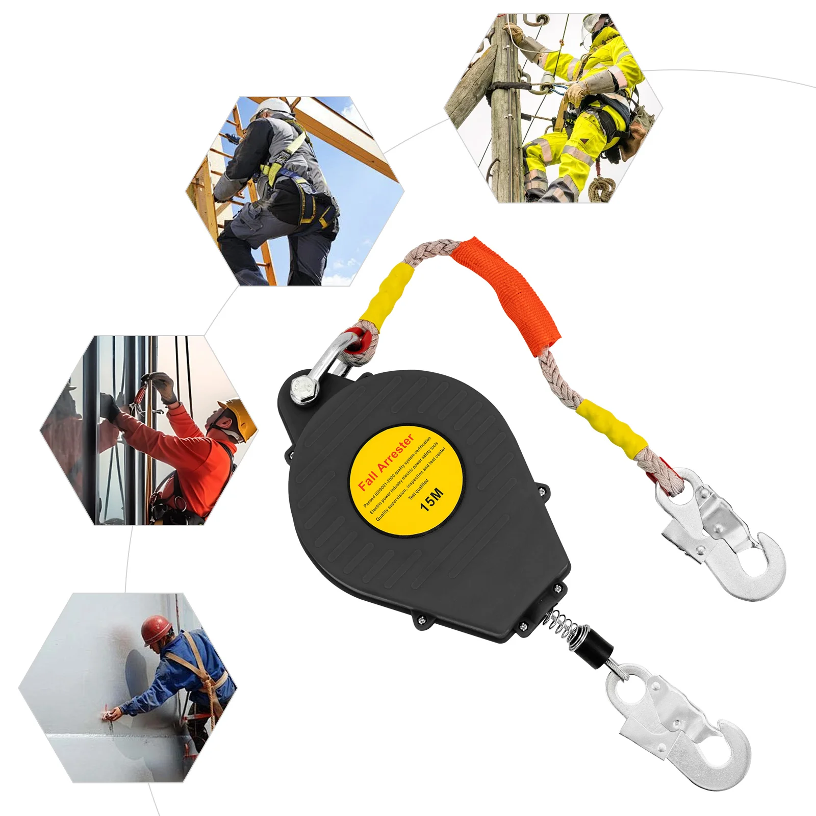 49ft Safety Self Retracting Lifeline Fall Arrester Fall Protection Device with Alloy Steel Hook for Engineering Construction ฯลฯ