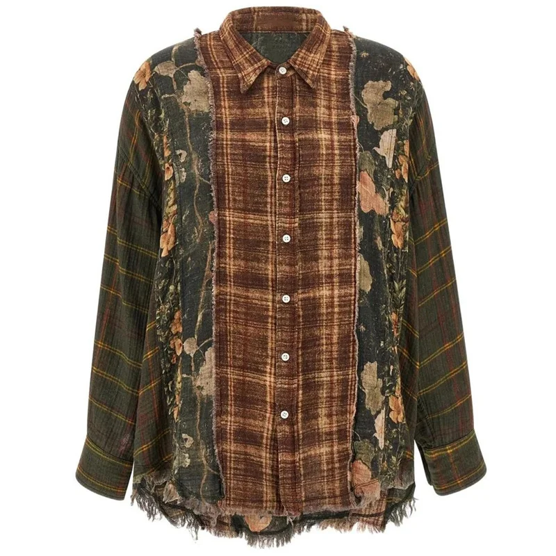 

Женская рубашка, новинка осени 2025 года, лоскутный топ с лацканами и длинными рукавами, клетчатая женская блузка из чистого хлопка, свободное тонкое пальто