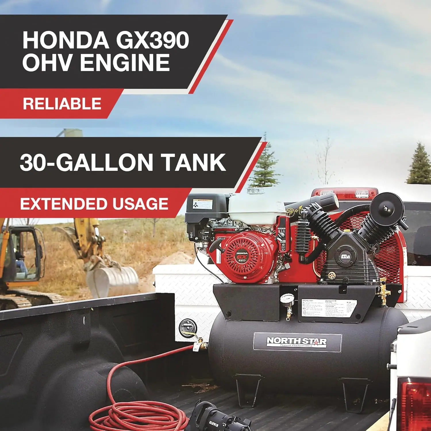 Portable Gas Powered Air Compressor Honda GX390 OHV Engine 30-Gallon Horizontal Tank 24.4 CFM at 90 PSI