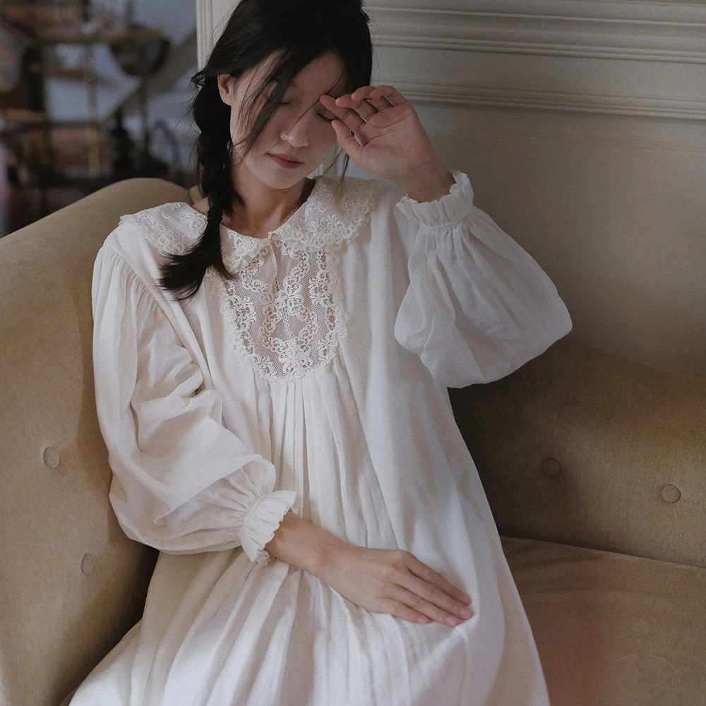 

Новая женская ночная рубашка/халат 2026 года с длинным рукавом, белая, в стиле ретро, винтажная, принцесса, из 100% хлопка, для дома, весна-осень