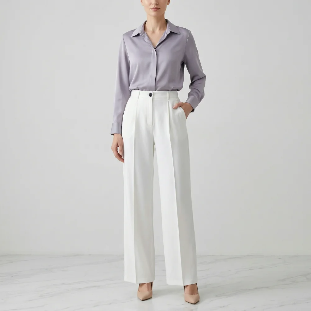 2026 Female Pants Women High Waist Wide Leg Pants Office Business Suit Trousers with Side Pockets Straight Leg Pure Color Workwe