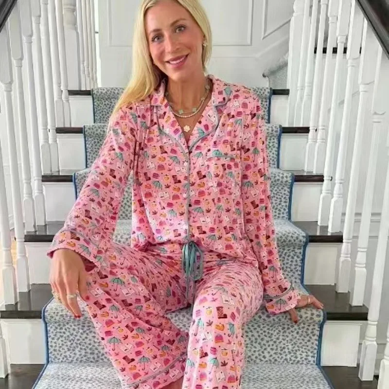 

2025 New Women's Casual Pajama Set Bow Print Long Sleeves Trousers Lapel Loungewear Ensemble 2 Piece Clothing Leisure XL Size