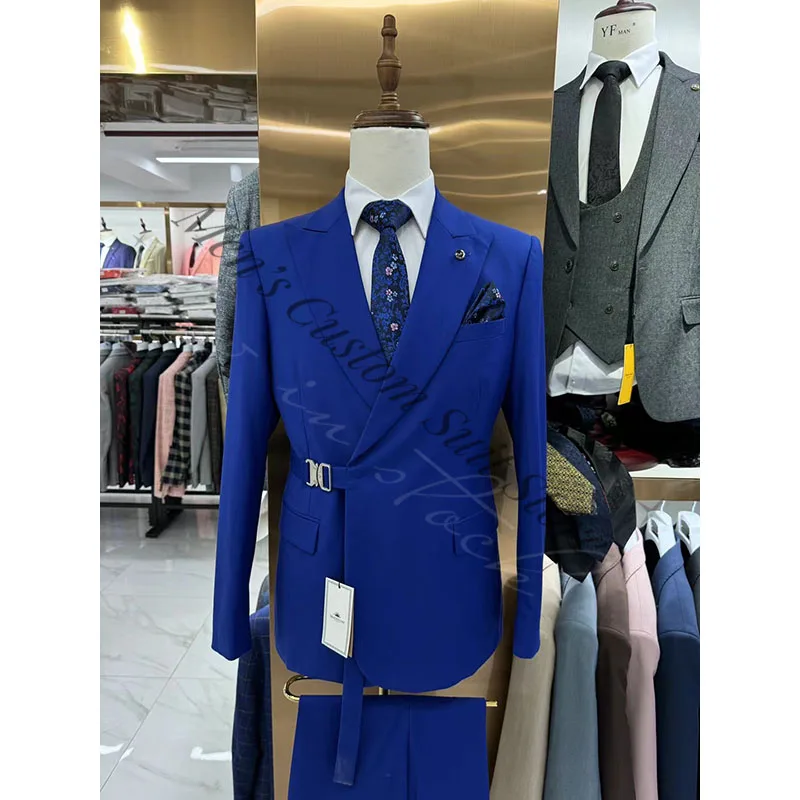 Elegant Blue Burgundy Men’s Suits Buckle Blet Double-Breasted Peaked Lapel Business Formal Wedding Guests Party Blazers Wear