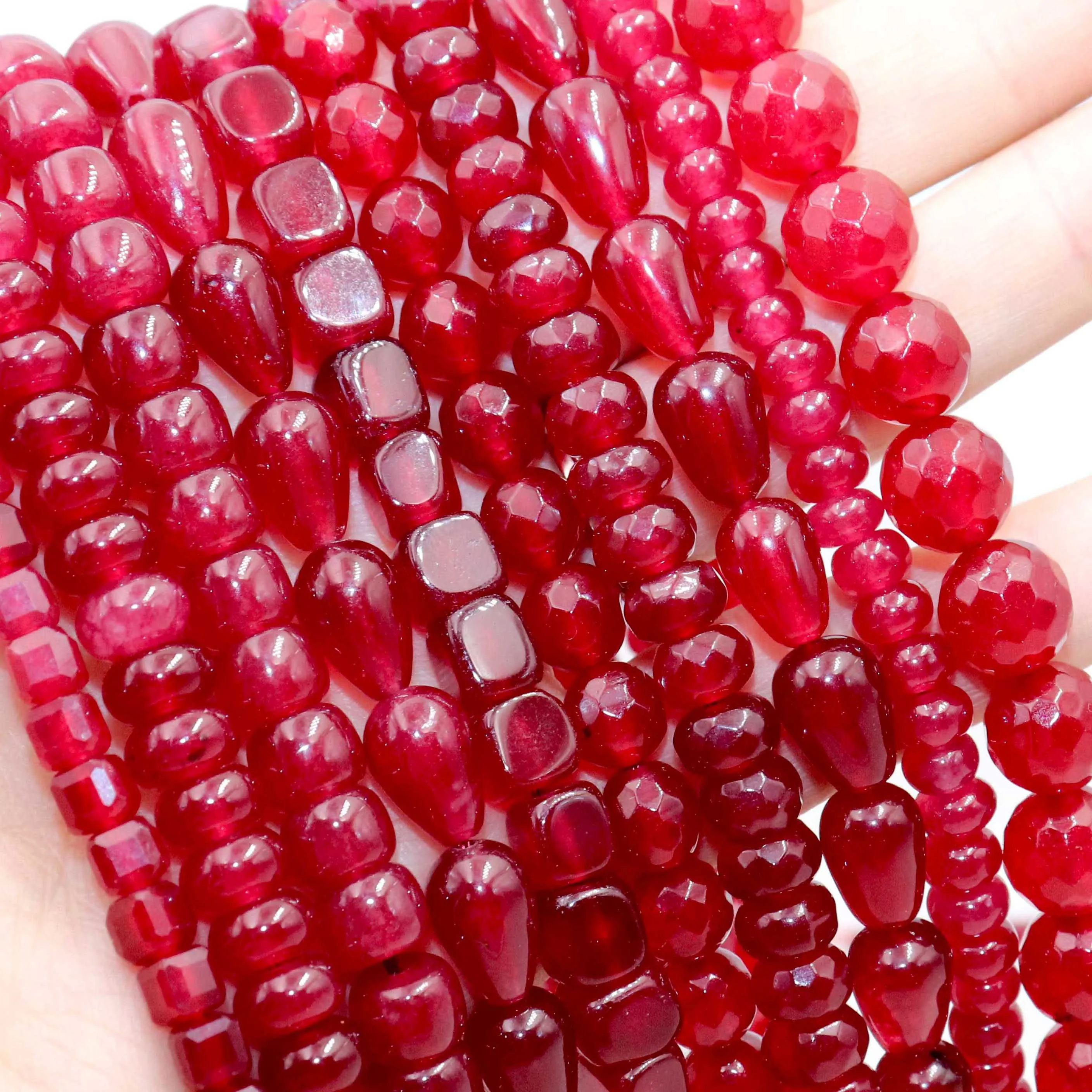 Natural Stone Ruby Red Emerald Chalcedony Round Rondelle Water Drop Faceted Spacer Bead For Jewelry Making DIY Bracelet Necklace