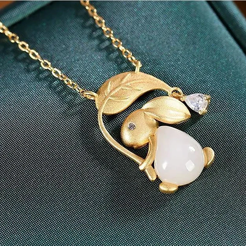 

Natural Hetian White Jade Golden Branch Jade Rabbit Pendant Necklace Chinese Retro Stay Cute Romantic Give Friends Holiday Gifts