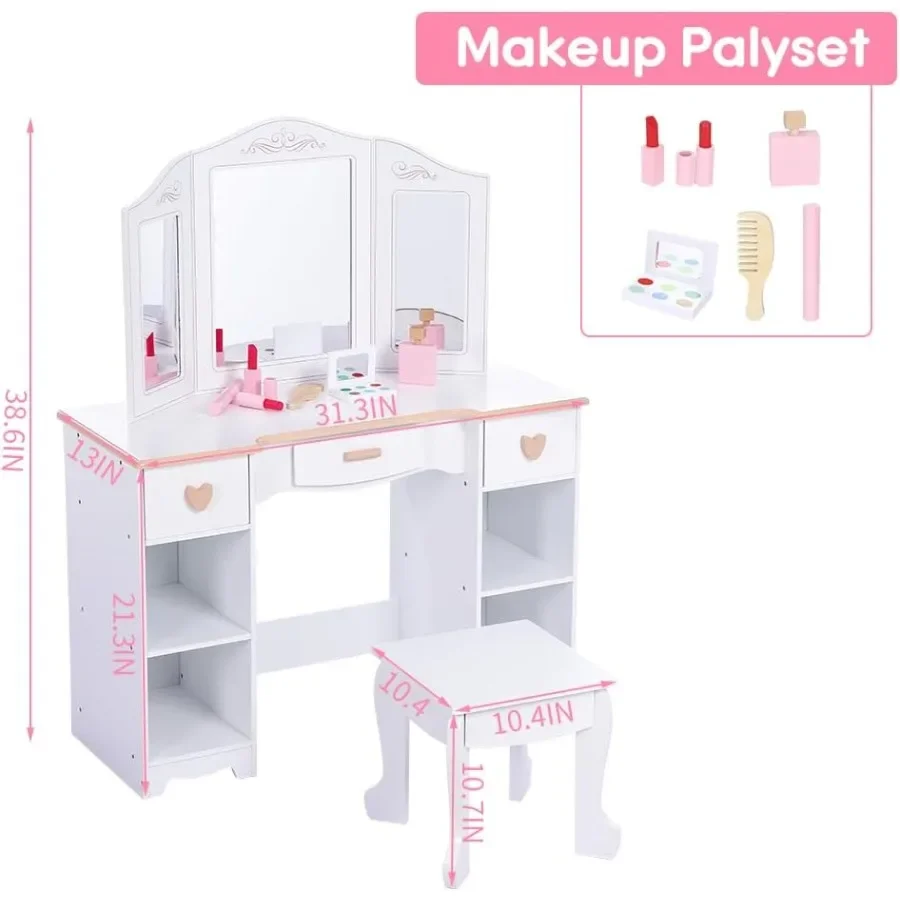 Vanity Set, Princess Vanity Table with Detachable Tri-Fold Mirror Makeup Playset, Large Storage Toddler Makeup Table with Stool