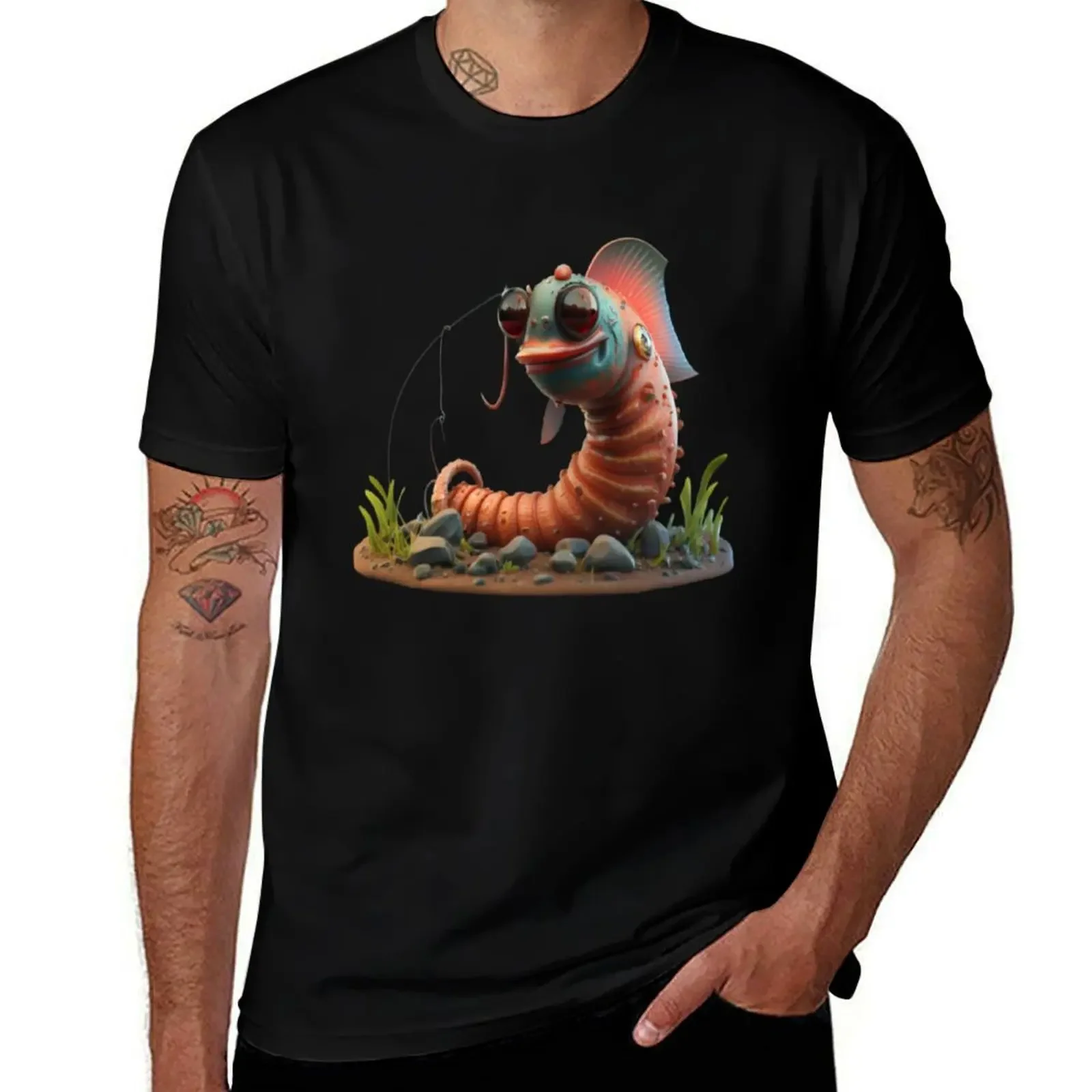 

graphics funny worm fish T-Shirt Short sleeve tee Luxury man anime shirt vintage clothes workout shirts for men