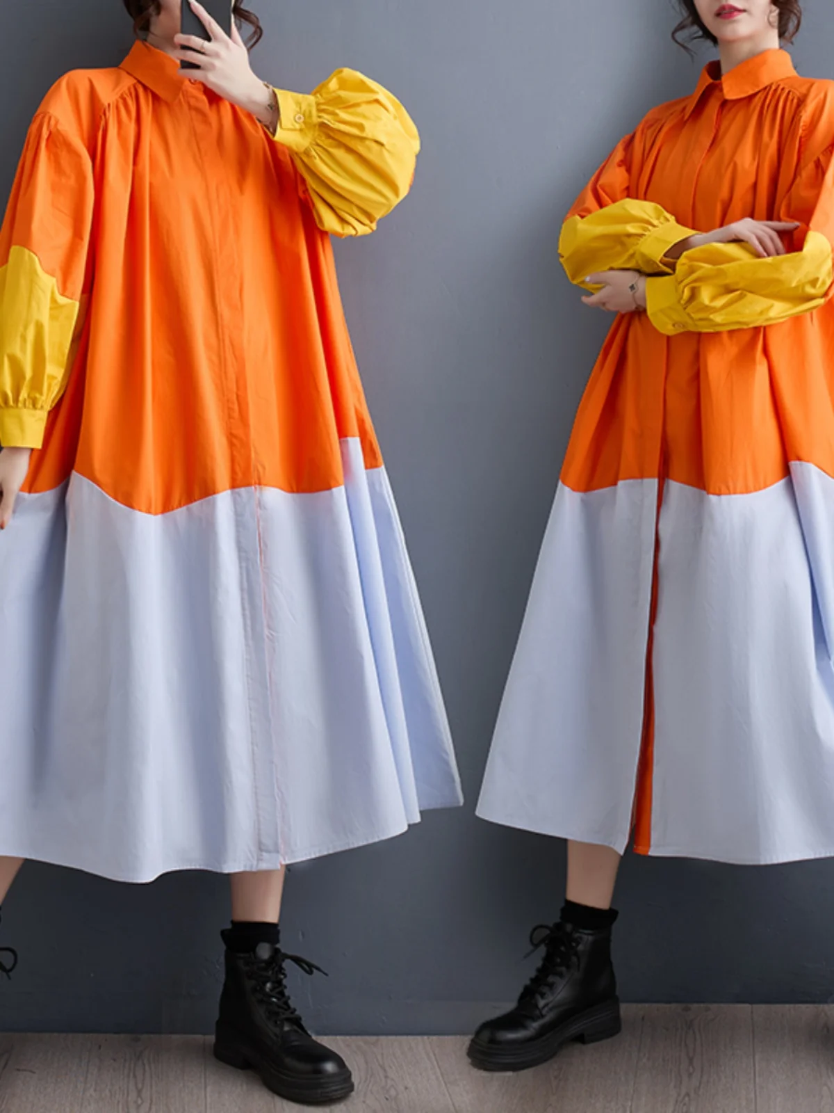 カジュアルなゆったりとしたランタン袖シャツワンピース カラーブロック 春秋 韓国風 おしゃれなレディースプラスサイズ服