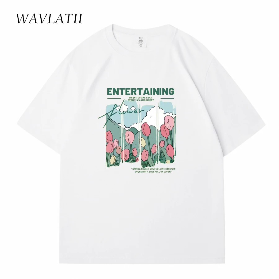 WAVLATII 女性新コミック花プリント Tシャツ女性ベージュストリート夏 Tシャツレディカジュアル半袖トップス WT2329