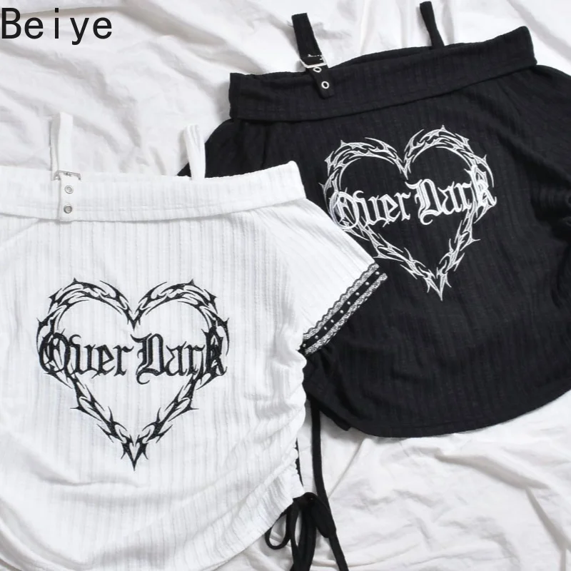 Gothic Heart Print Off Shoulder T-shirt Women Y2K Punk Lace Short Sleeve Crop Top Girls Side Drawstring Harajuku Streetwear Tee