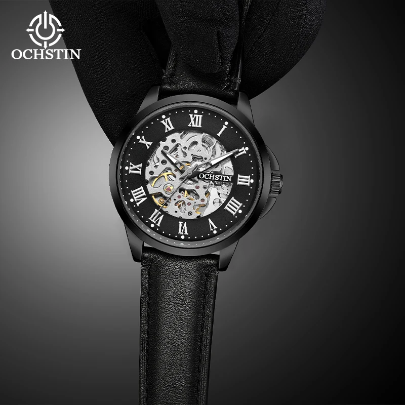 

OCHSTIN мужские наручные часы с кожаным ремешком, мужские часы со скелетонизированным механизмом, часы серии архитектора, водонепроницаемые роскошные часы
