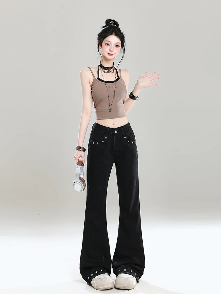 American Style Spicy Girl Rivet Micro Flared Jeans Women Summer New Super Popular Slimming High Waist Straight Leg Floor-Leng...