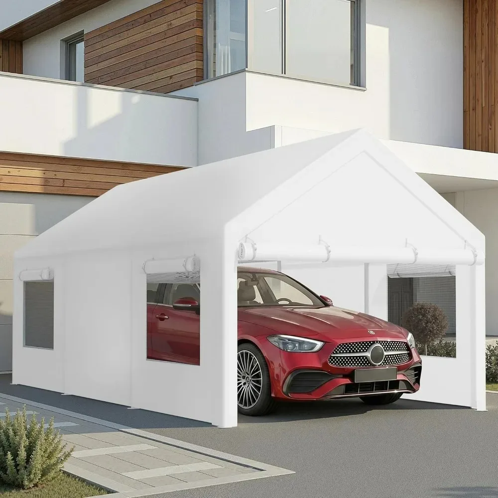 12x20 ft Heavy Duty Portable Carport Garage, White Roll-Up Windows, Removable Sidewalls, Removable Doors